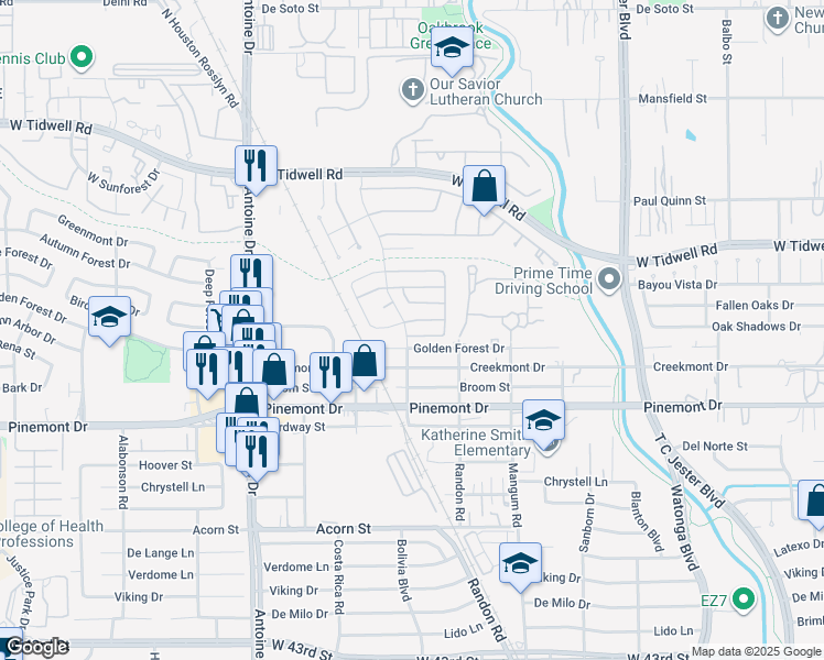 map of restaurants, bars, coffee shops, grocery stores, and more near 5102 Birchmont Drive in Houston