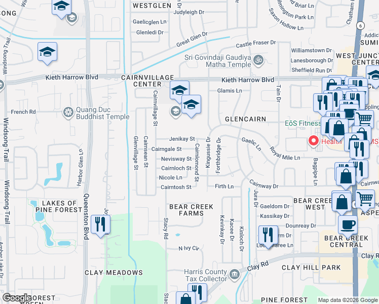 map of restaurants, bars, coffee shops, grocery stores, and more near 16906 Cairngale Street in Houston