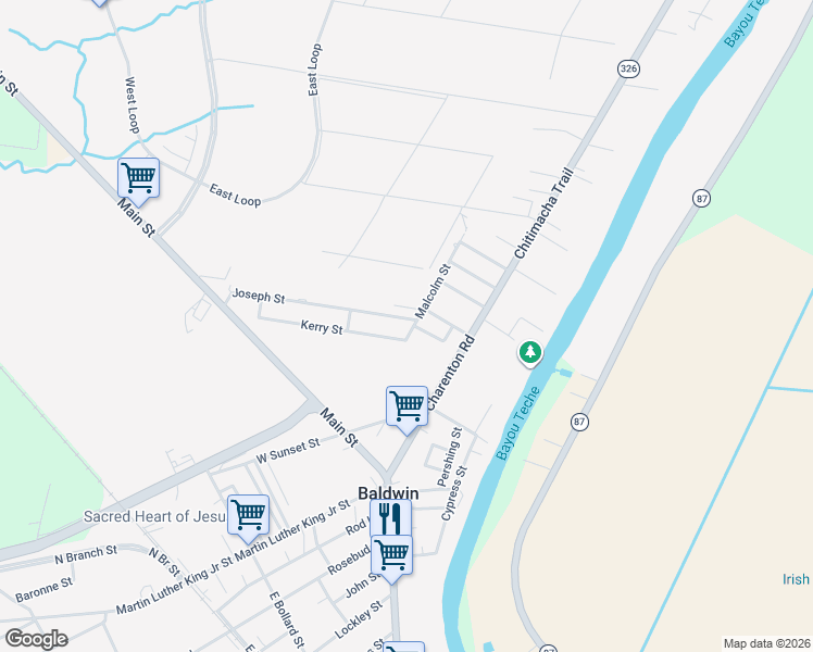 map of restaurants, bars, coffee shops, grocery stores, and more near 101 Joseph Street in Jeanerette