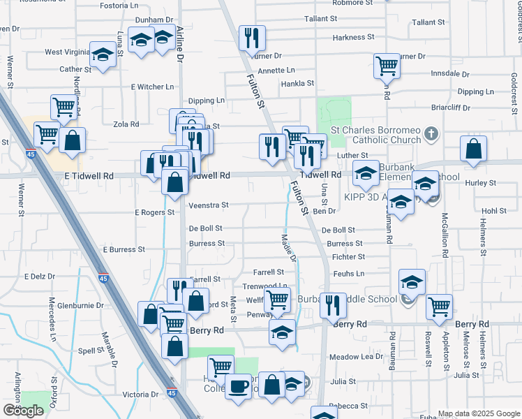 map of restaurants, bars, coffee shops, grocery stores, and more near 9218 Carrick Street in Houston