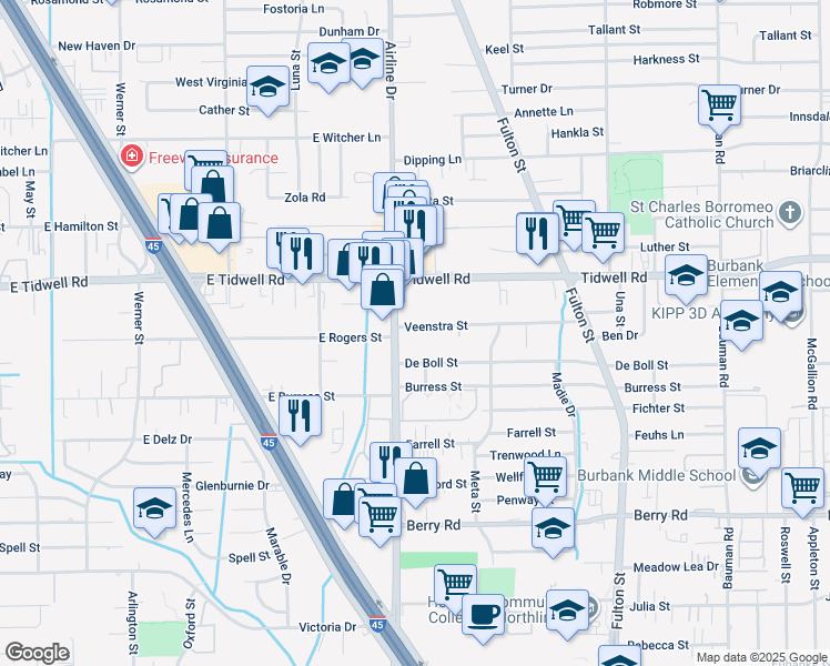 map of restaurants, bars, coffee shops, grocery stores, and more near 8 Veenstra Street in Houston