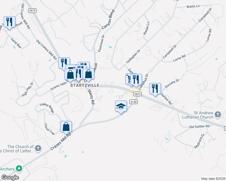 map of restaurants, bars, coffee shops, grocery stores, and more near 2698 Old Sattler Road in Canyon Lake