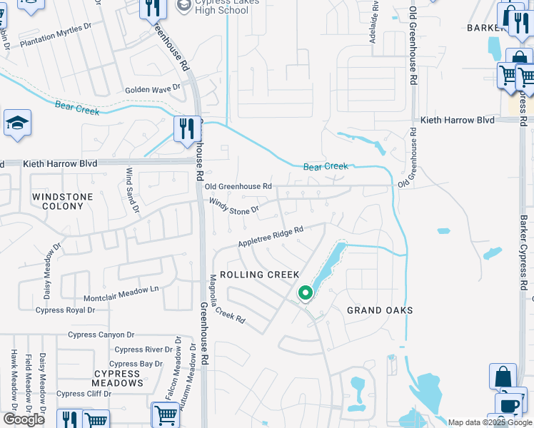 map of restaurants, bars, coffee shops, grocery stores, and more near 18815 Windy Stone Drive in Houston