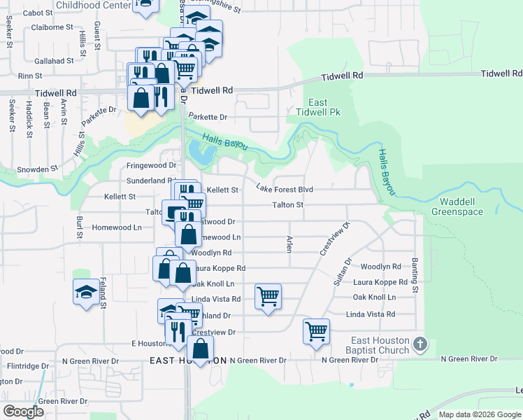 map of restaurants, bars, coffee shops, grocery stores, and more near 9021 Talton Street in Houston