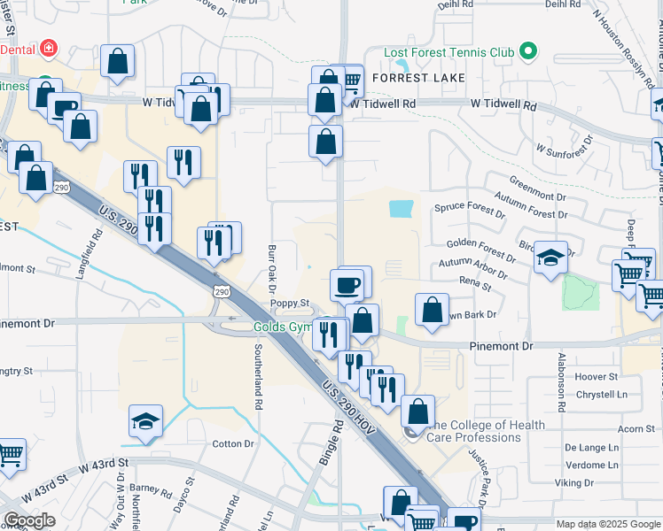 map of restaurants, bars, coffee shops, grocery stores, and more near 5335 Bingle Road in Houston