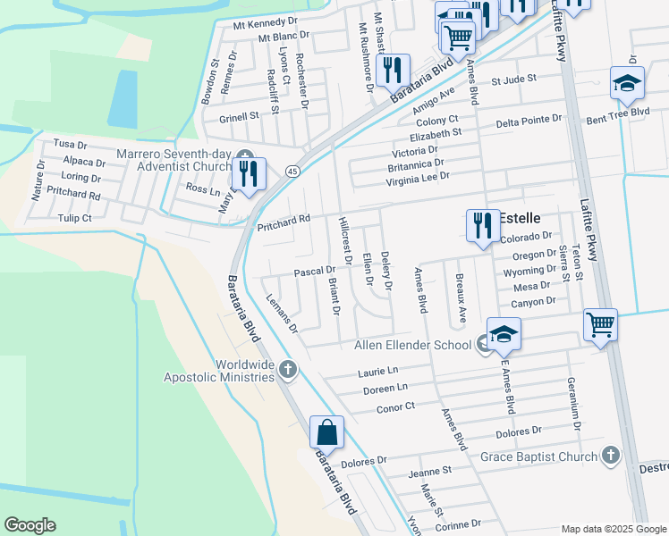 map of restaurants, bars, coffee shops, grocery stores, and more near 2908 Pascal Drive in Marrero