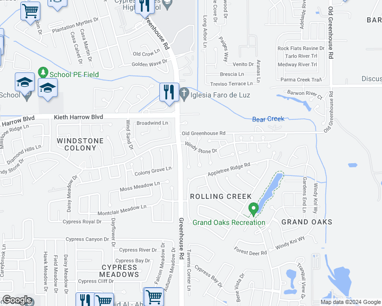 map of restaurants, bars, coffee shops, grocery stores, and more near 4934 Trailing Clover Court in Houston
