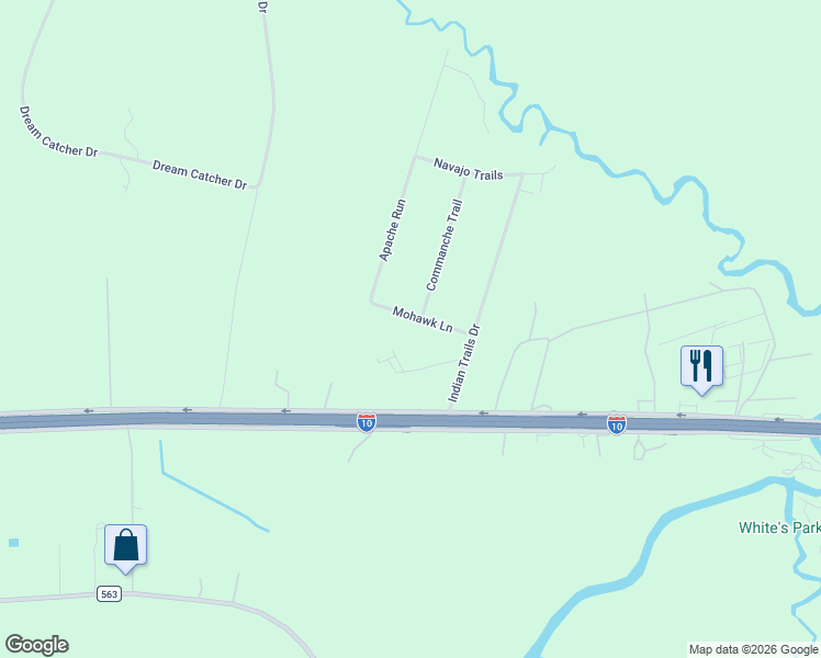 map of restaurants, bars, coffee shops, grocery stores, and more near 102 Commanche Trail in Wallisville