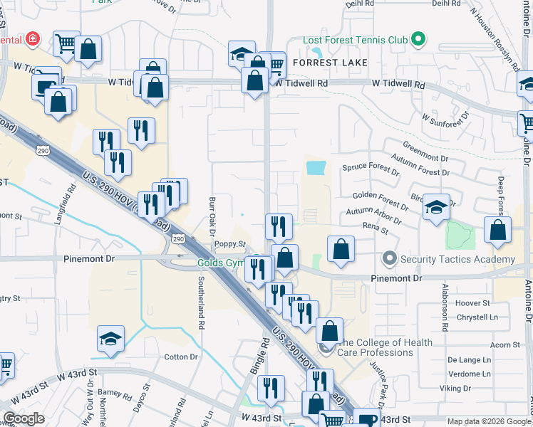 map of restaurants, bars, coffee shops, grocery stores, and more near 5335 Bingle Road in Houston