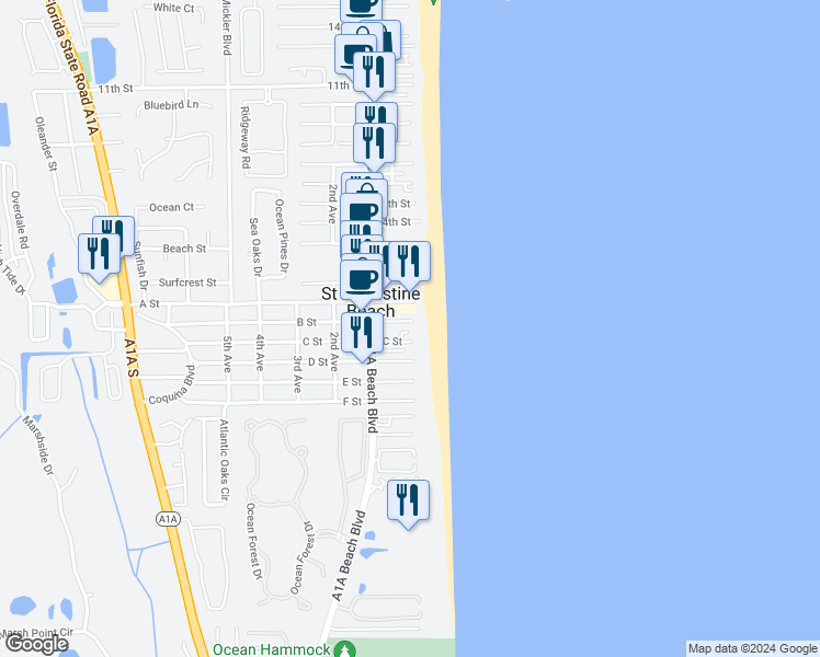 map of restaurants, bars, coffee shops, grocery stores, and more near 1 Barefoot Beach Lane in Saint Augustine