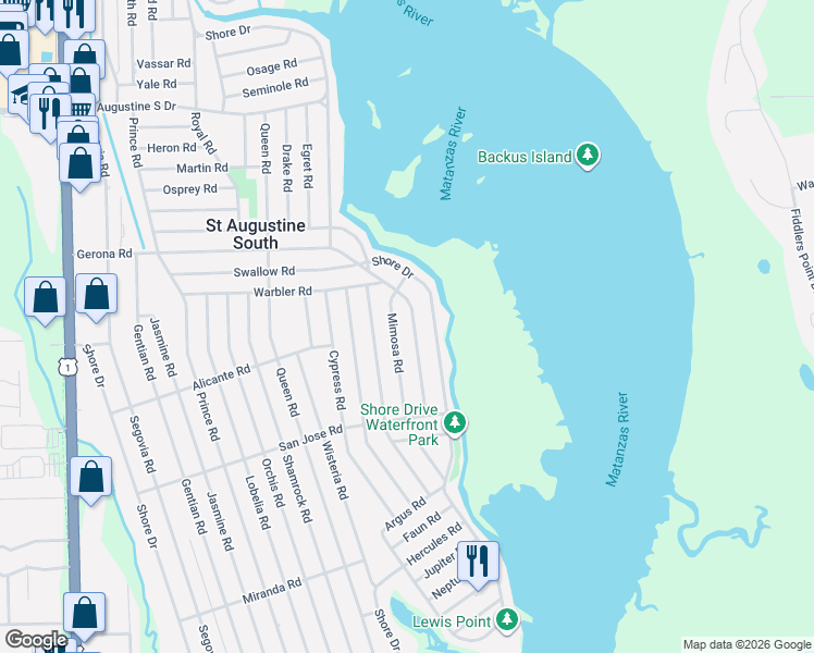 map of restaurants, bars, coffee shops, grocery stores, and more near 816 Gerona Road in St. Augustine