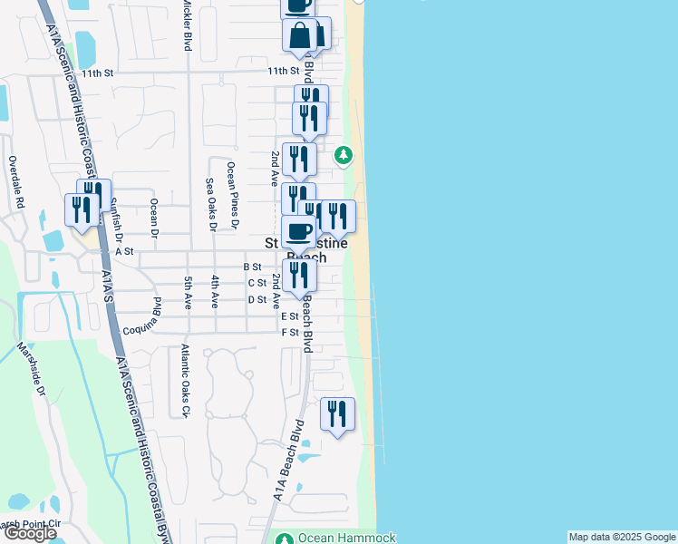 map of restaurants, bars, coffee shops, grocery stores, and more near 1 B Street in St. Augustine