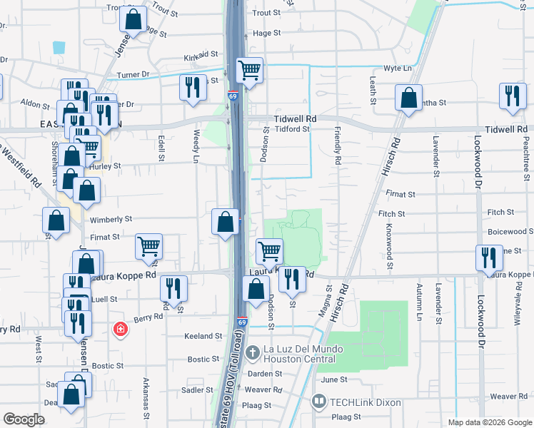 map of restaurants, bars, coffee shops, grocery stores, and more near 9100 Dodson Street in Houston