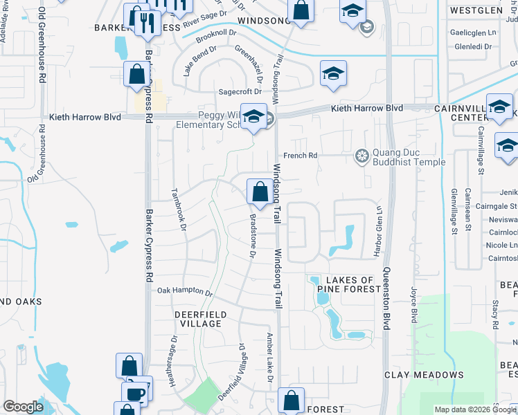 map of restaurants, bars, coffee shops, grocery stores, and more near 18010 Heaton Drive in Houston