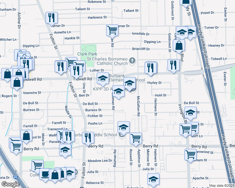 map of restaurants, bars, coffee shops, grocery stores, and more near 9302 Bauman Road in Houston