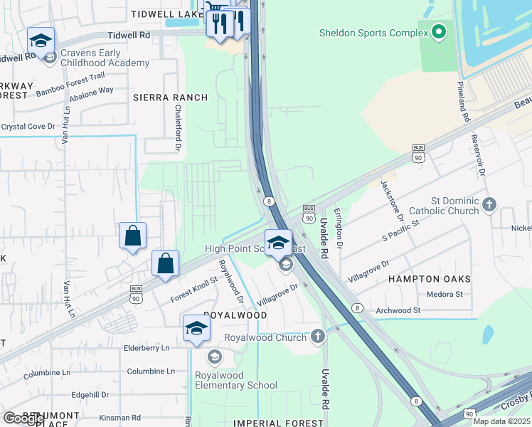 map of restaurants, bars, coffee shops, grocery stores, and more near Beltway 8 in Houston