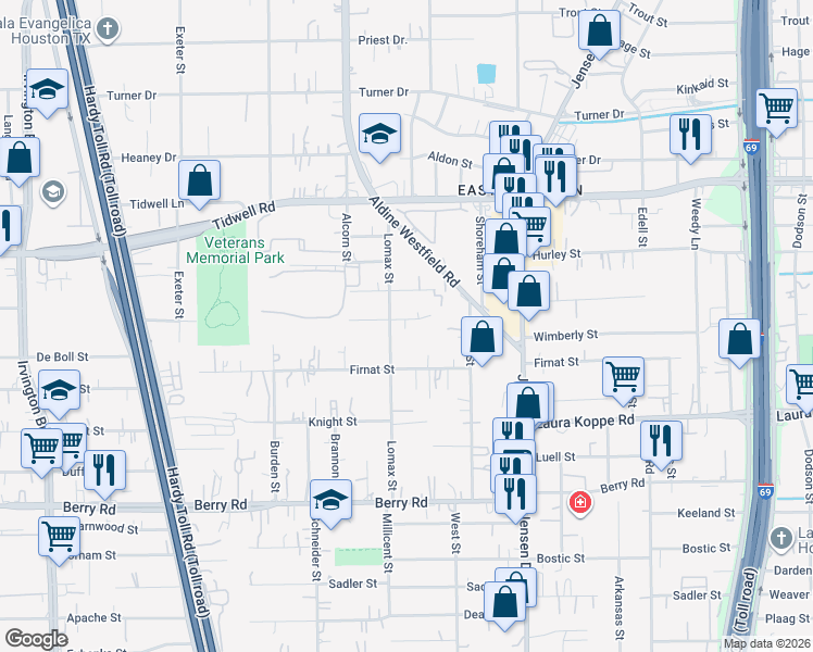 map of restaurants, bars, coffee shops, grocery stores, and more near 2412 Hector Street in Houston