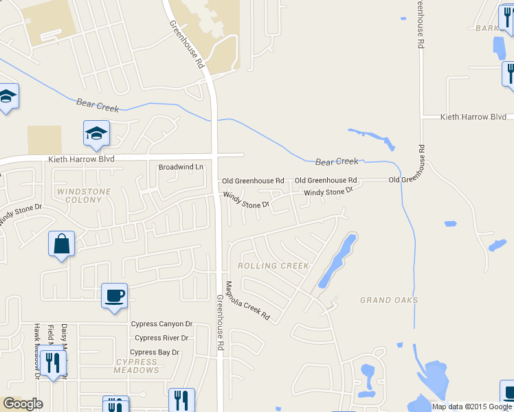 map of restaurants, bars, coffee shops, grocery stores, and more near 18503 Windy Stone Drive in Houston