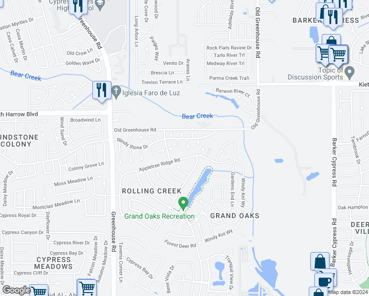 map of restaurants, bars, coffee shops, grocery stores, and more near 4907 Climbing Ivy Circle in Houston