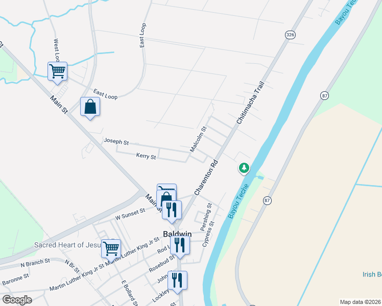 map of restaurants, bars, coffee shops, grocery stores, and more near 105 Malcolm Street in Jeanerette