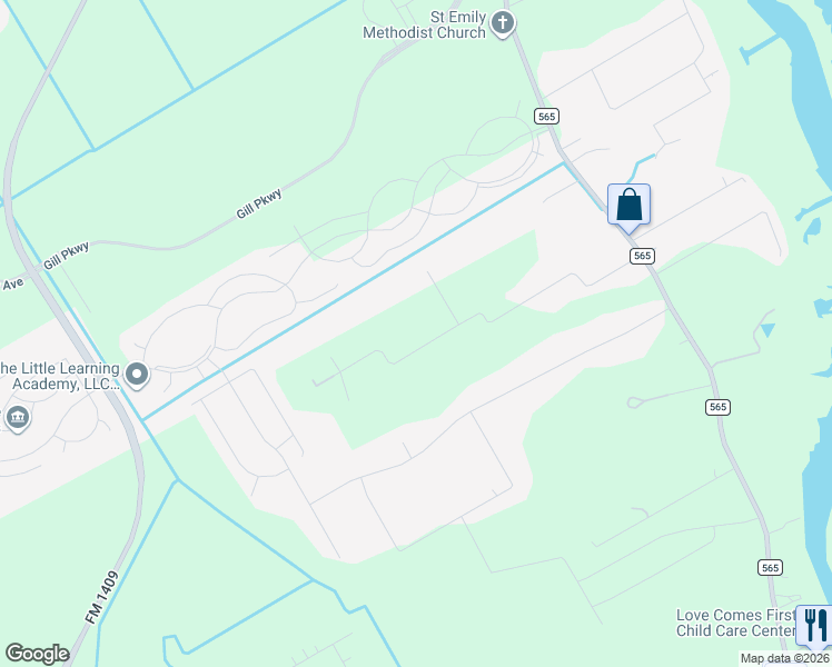 map of restaurants, bars, coffee shops, grocery stores, and more near 15015 Old Irish Farm Road in Baytown