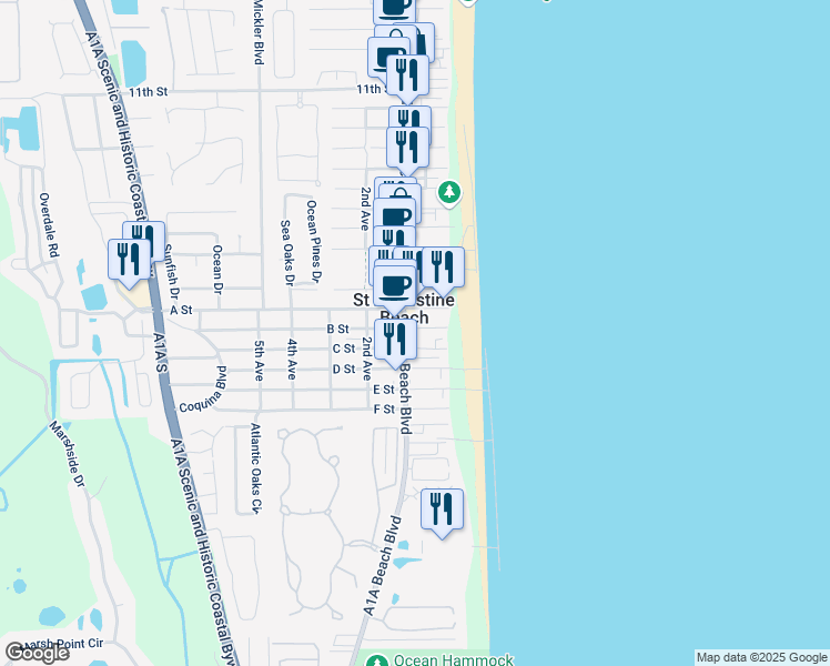 map of restaurants, bars, coffee shops, grocery stores, and more near in St. Augustine Beach