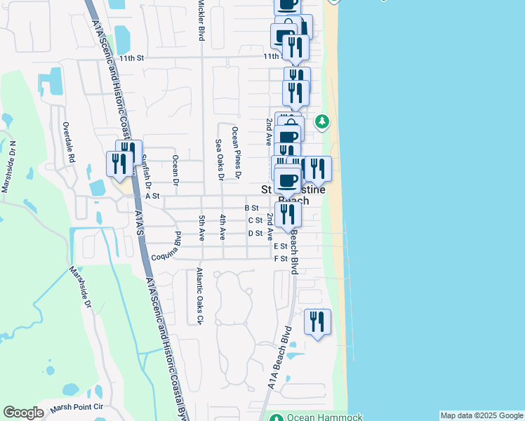 map of restaurants, bars, coffee shops, grocery stores, and more near 218 B Street in St. Augustine Beach