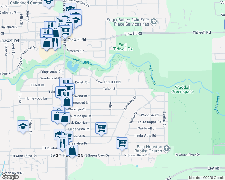 map of restaurants, bars, coffee shops, grocery stores, and more near 9121 Talton Street in Houston
