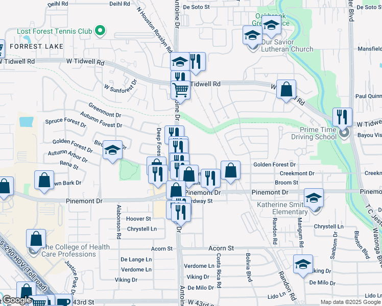 map of restaurants, bars, coffee shops, grocery stores, and more near 5666 Birchmont Drive in Houston