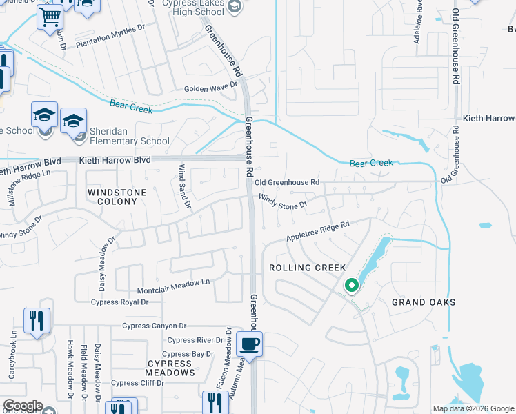map of restaurants, bars, coffee shops, grocery stores, and more near 19019 Windy Stone Drive in Houston