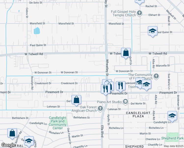map of restaurants, bars, coffee shops, grocery stores, and more near 1307 West Donovan Street in Houston