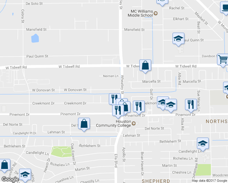 map of restaurants, bars, coffee shops, grocery stores, and more near 1219 West Donovan Street in Houston