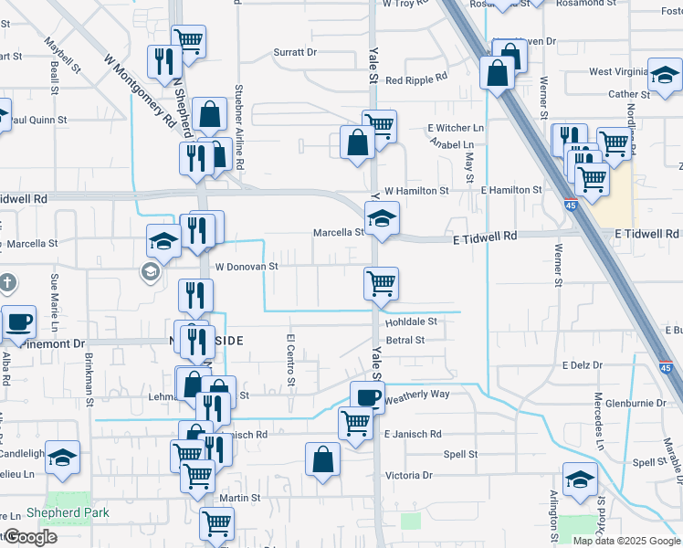 map of restaurants, bars, coffee shops, grocery stores, and more near 313 West Donovan Street in Houston