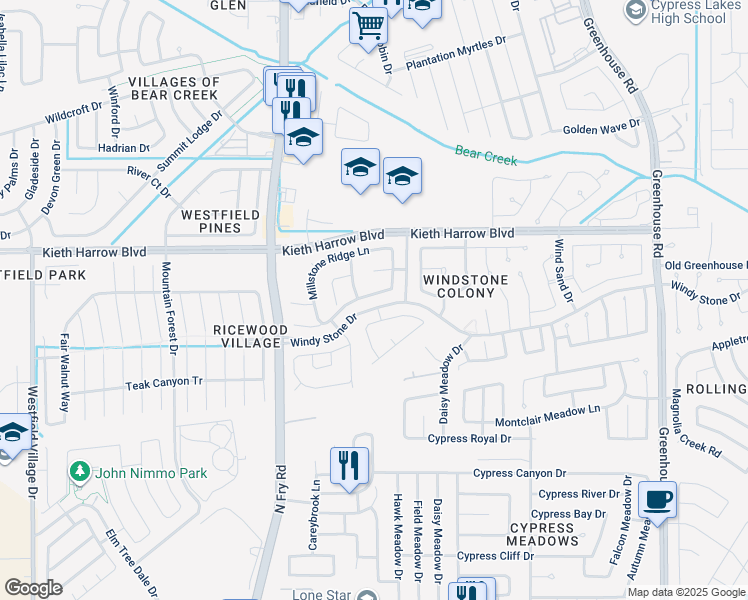 map of restaurants, bars, coffee shops, grocery stores, and more near 19727 Diamond Hills Lane in Katy