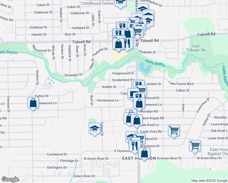 map of restaurants, bars, coffee shops, grocery stores, and more near 8618 Kellett Street in Houston