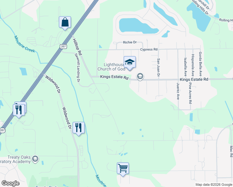 map of restaurants, bars, coffee shops, grocery stores, and more near 1295 Kings Estate Road in St. Augustine