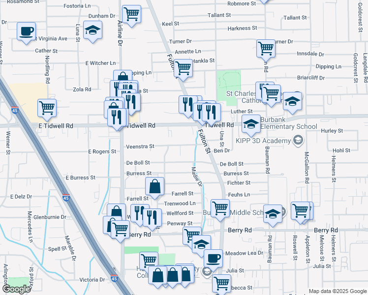map of restaurants, bars, coffee shops, grocery stores, and more near 9218 Carrick Street in Houston