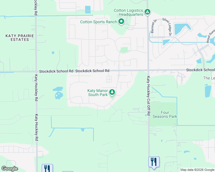map of restaurants, bars, coffee shops, grocery stores, and more near 25409 Stockdick School Road in Katy