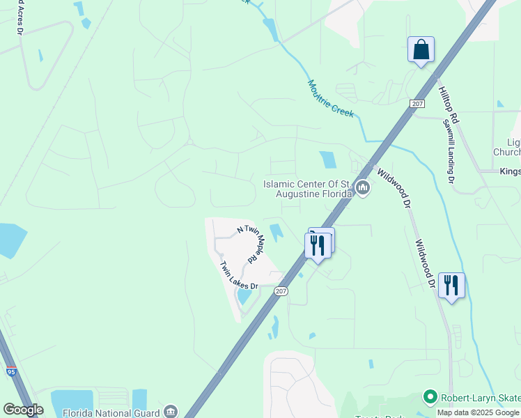 map of restaurants, bars, coffee shops, grocery stores, and more near 256 North Twin Maple Road in St. Augustine