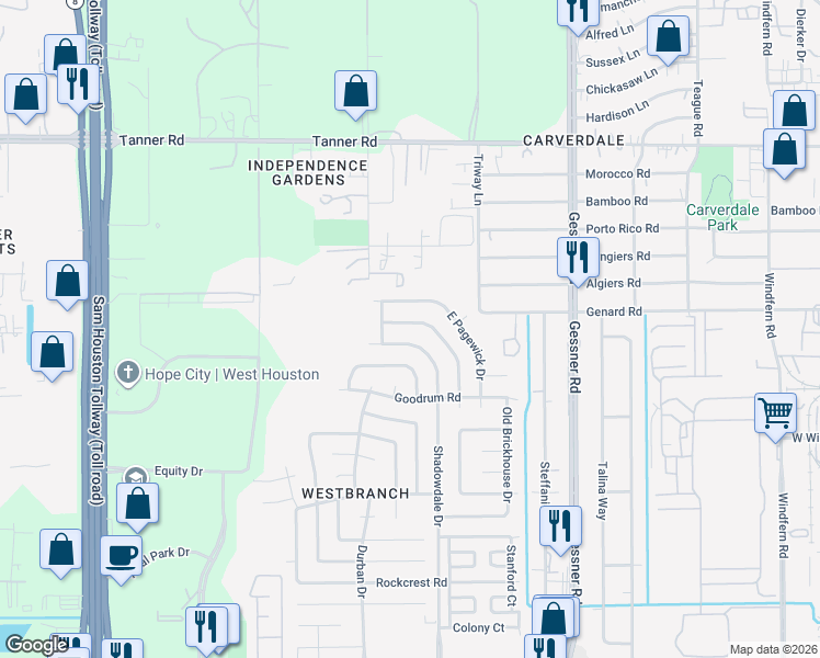 map of restaurants, bars, coffee shops, grocery stores, and more near 10435 North Fallen Bough Drive in Houston