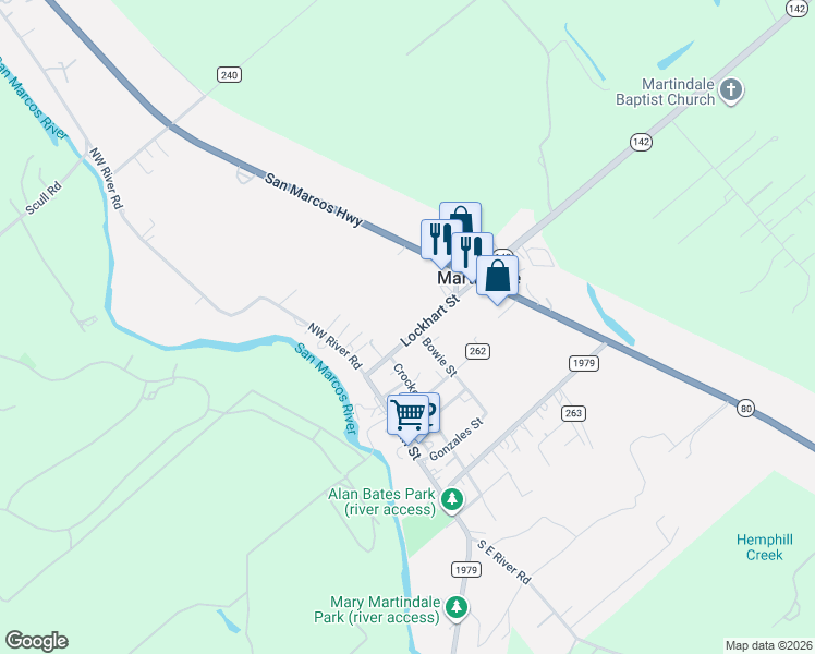 map of restaurants, bars, coffee shops, grocery stores, and more near 301 Lockhart Street in Martindale