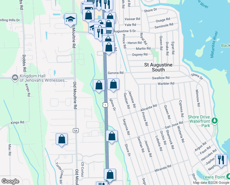 map of restaurants, bars, coffee shops, grocery stores, and more near 238 Segovia Road in St. Augustine