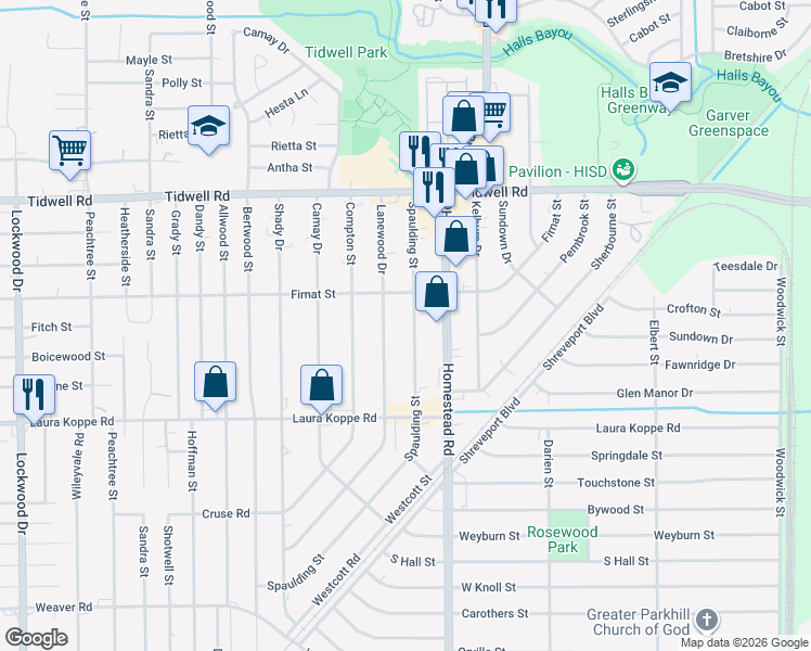 map of restaurants, bars, coffee shops, grocery stores, and more near 9023 Spaulding Street in Houston