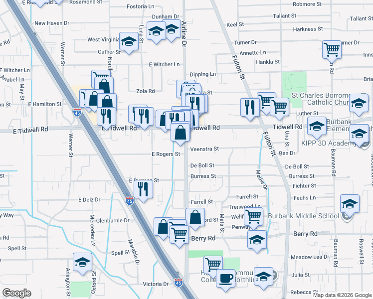 map of restaurants, bars, coffee shops, grocery stores, and more near 5307 Airline Drive in Houston