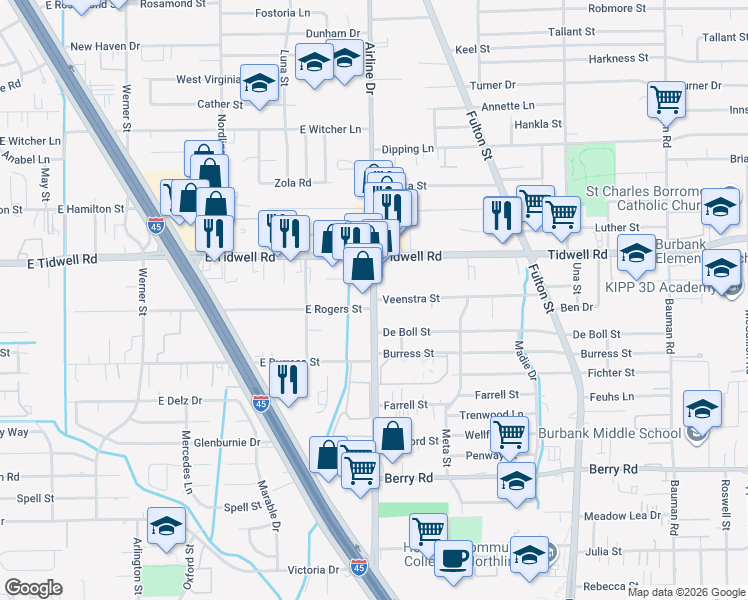 map of restaurants, bars, coffee shops, grocery stores, and more near 5307 Airline Drive in Houston