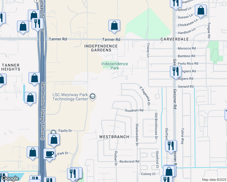 map of restaurants, bars, coffee shops, grocery stores, and more near 5119 Havenview Drive in Houston