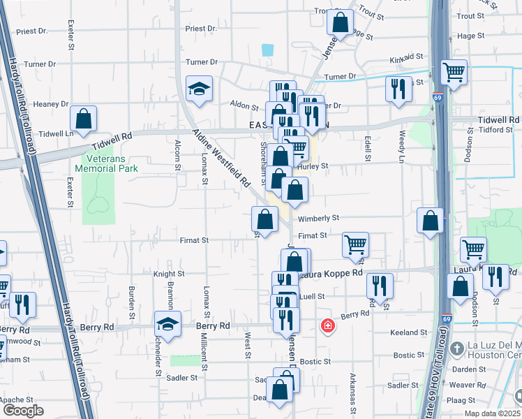 map of restaurants, bars, coffee shops, grocery stores, and more near 2602 Aldine Westfield Rd in Houston