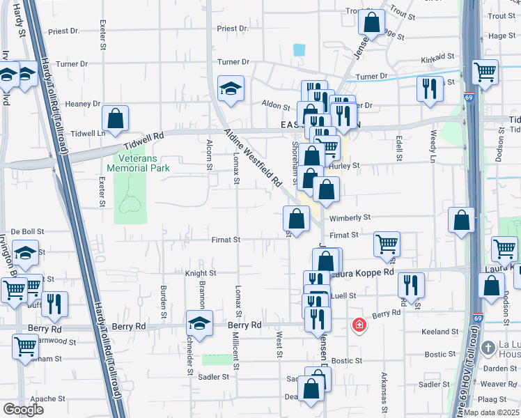 map of restaurants, bars, coffee shops, grocery stores, and more near 2430 Hector Street in Houston