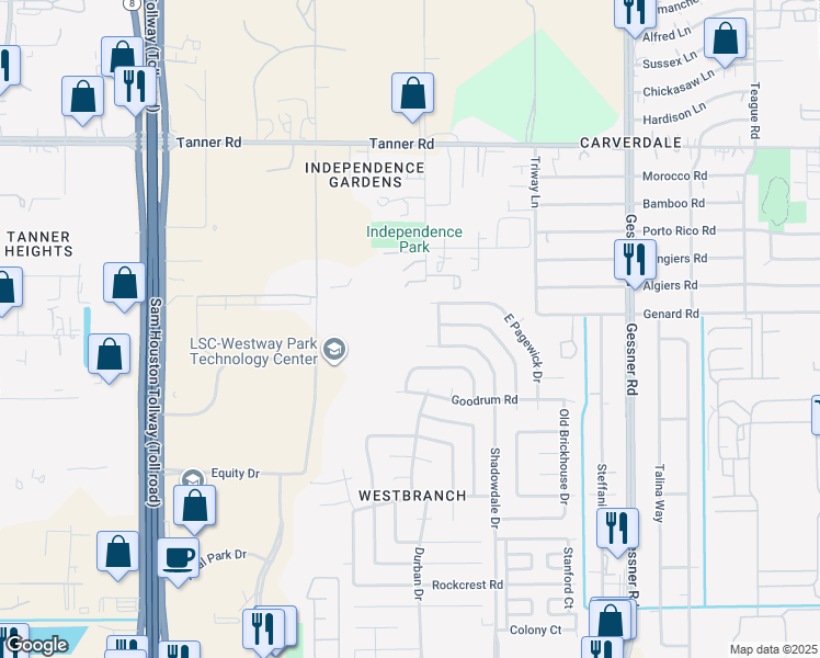map of restaurants, bars, coffee shops, grocery stores, and more near 5002 Westway Park Boulevard in Houston