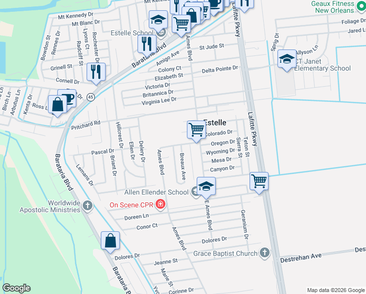 map of restaurants, bars, coffee shops, grocery stores, and more near 4117 Ames Boulevard in Marrero